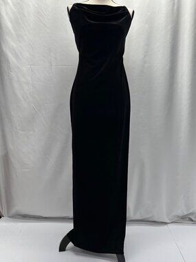 Black Velvet Maxi Dress With Cowl Neckline Open Back, Criss-Cross Straps, Side S